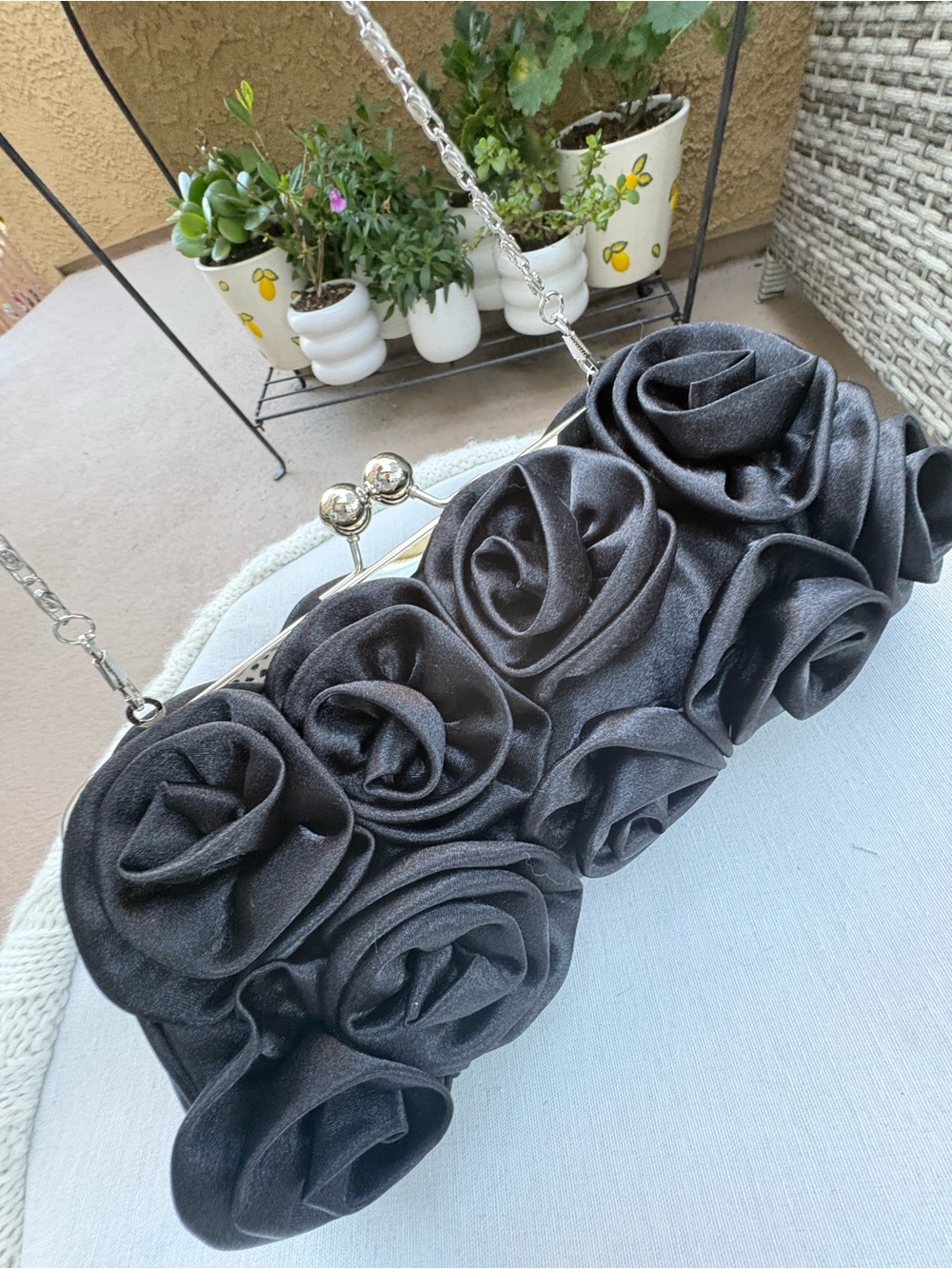 Black Rose Satin Clutch with Silver Chain